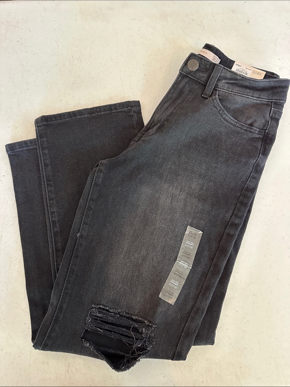 SO Juniors Black Washed Straight, High Rise Jeans with Distressed Knee